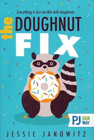 An illustration of a racoon holding and eating a donut with frosting and sprinkles